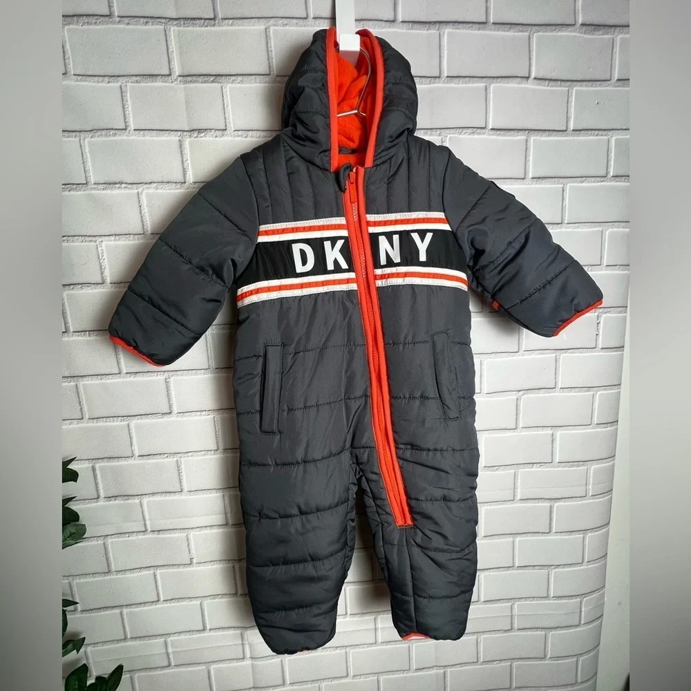 DKNY Kids One Piece puffer coat jacket snowsuit - Dark Gray/size 12months